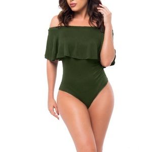 Jade Off The Shoulder Ruffled Trim Bodysuit Size S